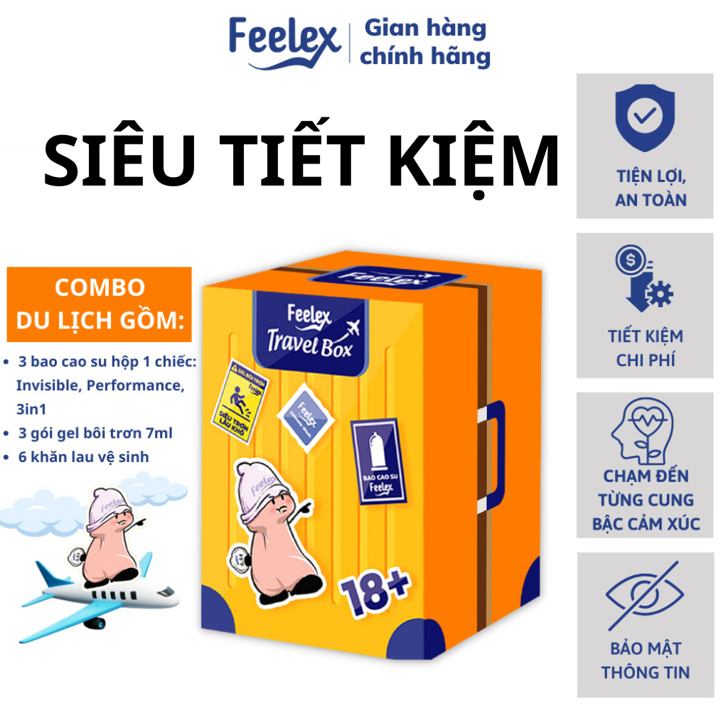 Combo đặc biệt bao cao su Feelex Travel Box, đủ loại siêu mỏng, gân gai, kéo thời gian tặng  kèm gel bôi trơn, khăn lau