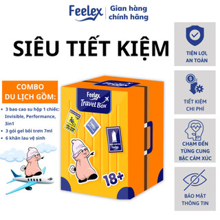 Combo đặc biệt bao cao su Feelex Travel Box, đủ loại siêu mỏng, gân gai, kéo thời gian tặng  kèm gel bôi trơn, khăn lau