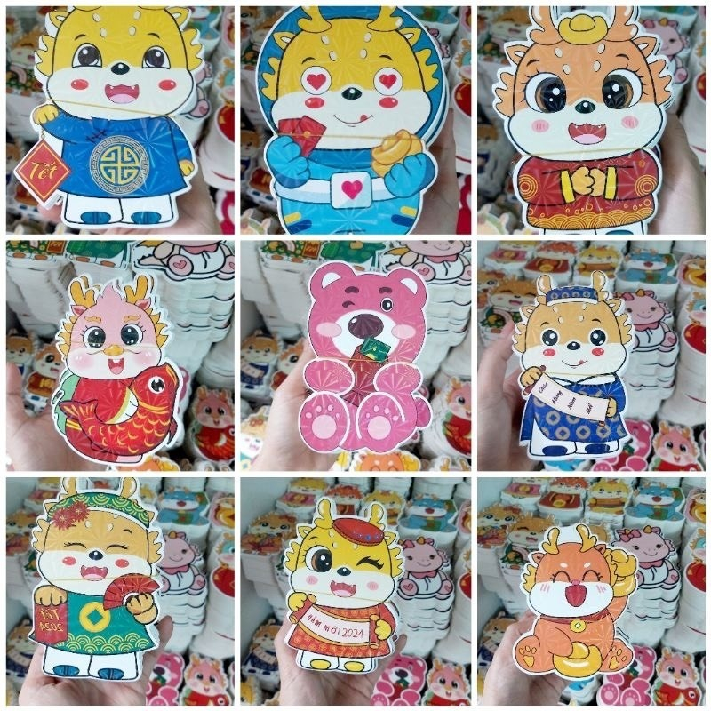 Combo 100 Bao lì xì chibi tết 2024 hình con rồng cute đáng yêu dễ thương giấy cứng hot phản quang lấp lánh cực đẹp