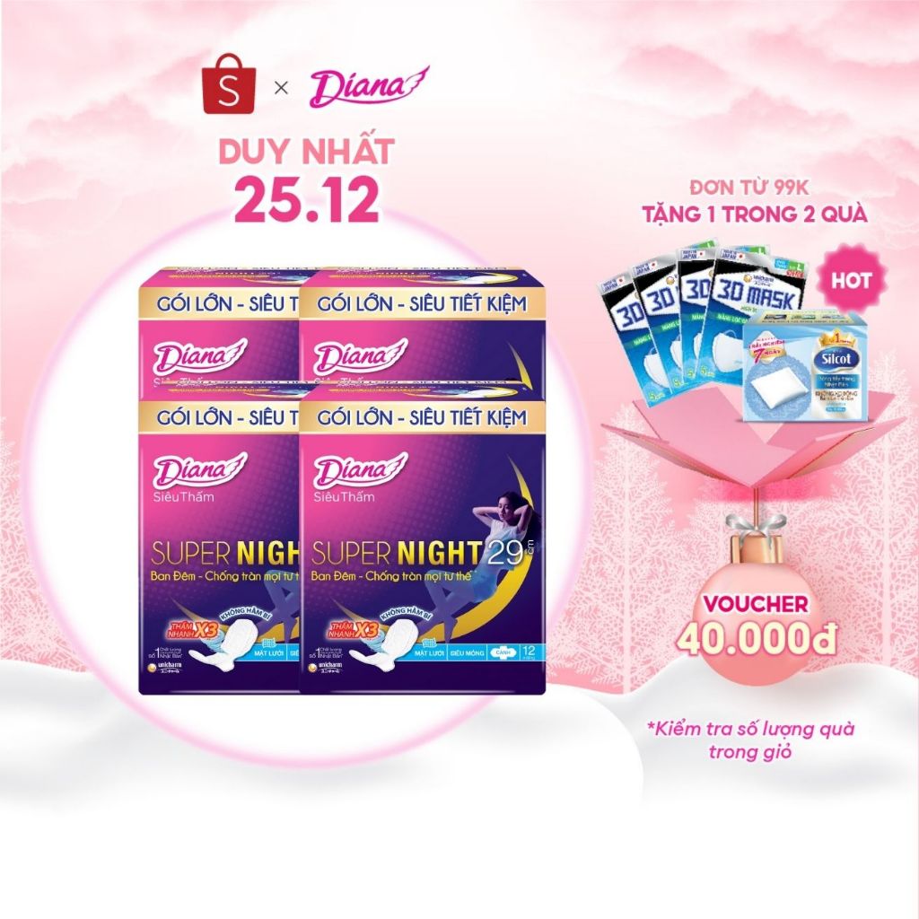 Bộ 4 gói băng vệ sinh Diana siêu thấm Supernight 29cm 12 miếng/gói