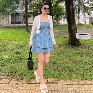 Set Đầm Jean 2 Dây Kèm Áo Khoác Ren Lưới Thoáng Mát  Lan Ngọc