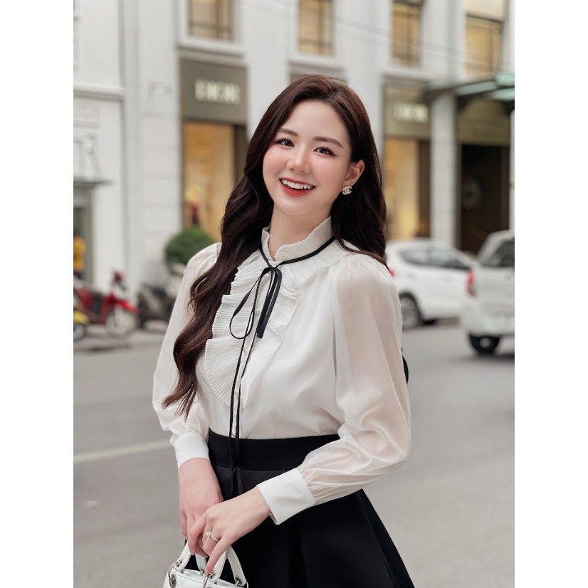 Áo Sơ Mi Nữ 𝐂𝐂𝐇𝐀𝐓 Dáng Suông Kiểu Bèo Dập Ly Điệu Đà Chất Voan Cao Cấp 23FDV8005ST