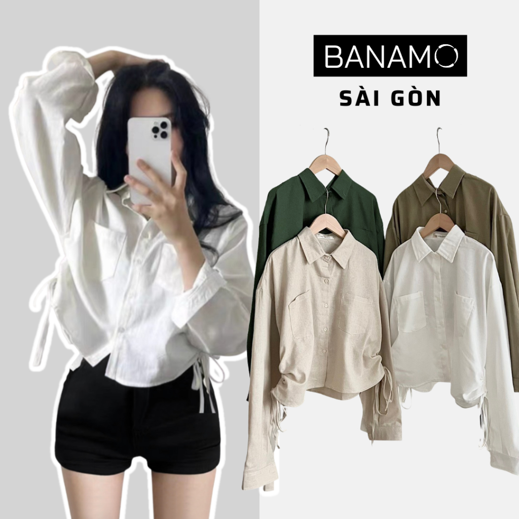 Áo sơ mi dài tay phối dây rút 2 bên dáng crottop 399