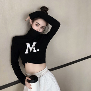 Áo giữ nhiệt cao cổ chất thun tăm ôm body dáng ngắn in chữ M bằng nhung