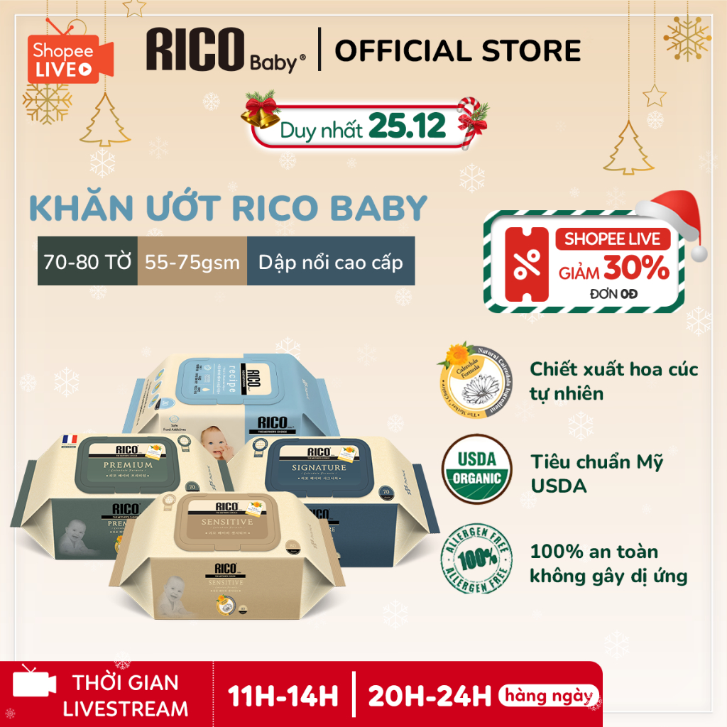 Khăn Ướt Rico Baby Nội Địa Hàn Chiết Xuất Hoa Cúc Organics, Lành Tính, An Toàn Cho Bé