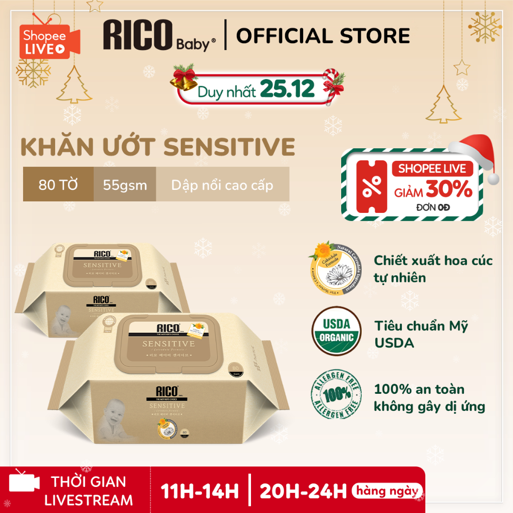 Khăn Ướt Rico Baby Sensitive Nội Địa Hàn Lành Tính, Sạch Khuẩn, An Toàn Cho Bé, 1 Gói 80 Tờ