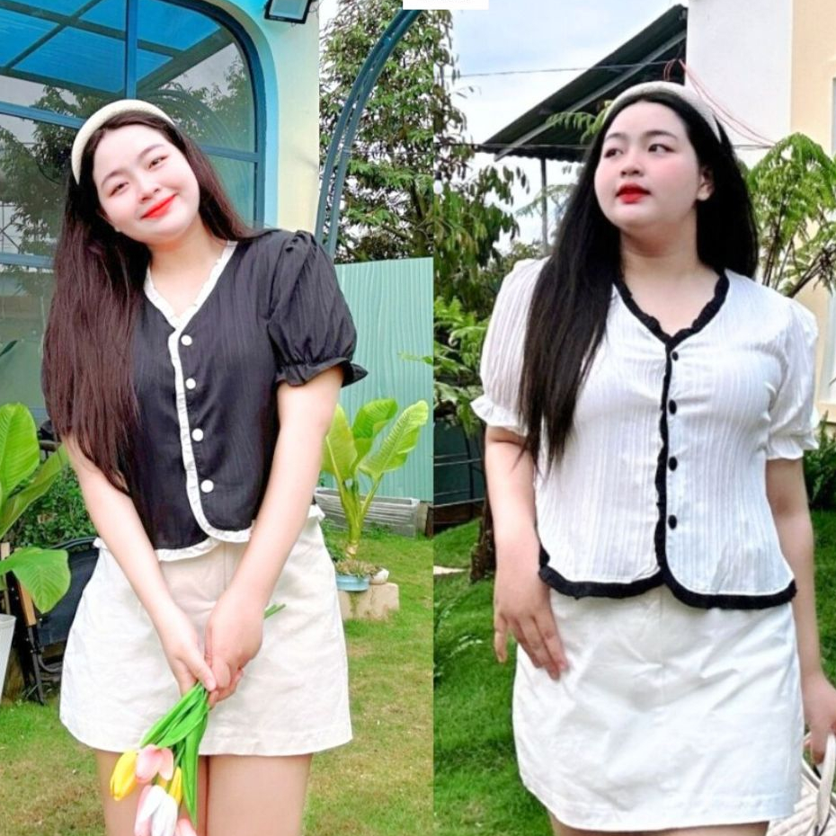 Áo sơmi vải xốp đũi bigsize xinh xắn cổ tròn viền tay nhún nút bọc vải dáng ngắn croptop dễ thương style tiểu thư -SM18