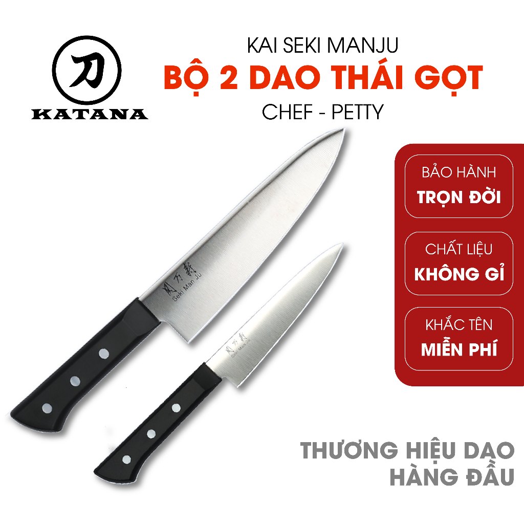 Bộ 2 dao cao cấp KAI Ấn Seki ManJu - Thái thịt cá - Gọt hoa quả (Chef và Petty)