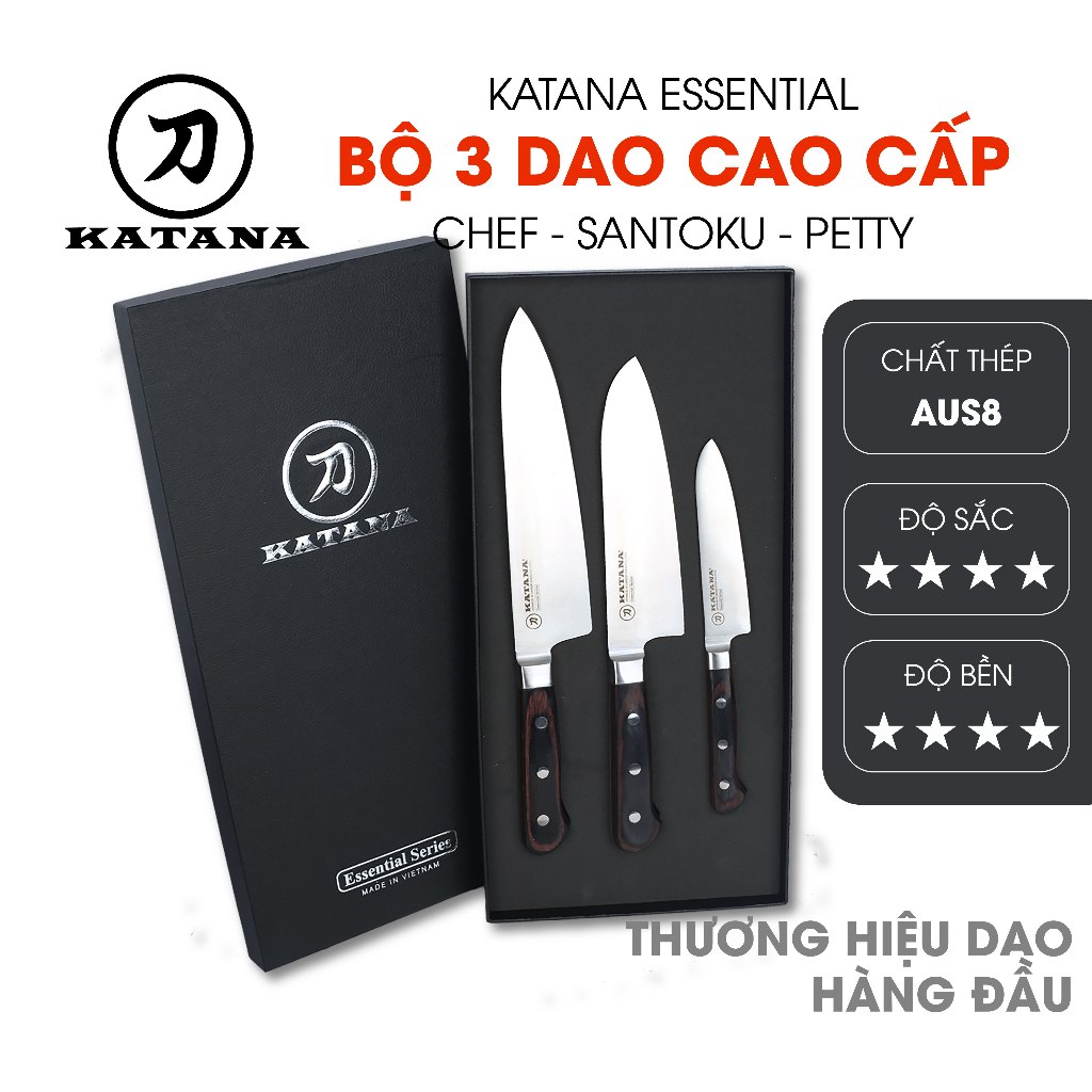 Bộ dao nhà bếp cao cấp thương hiệu KATANA Essential thép AUS8 không gỉ - có BẢO HÀNH và mài lại miễn phí