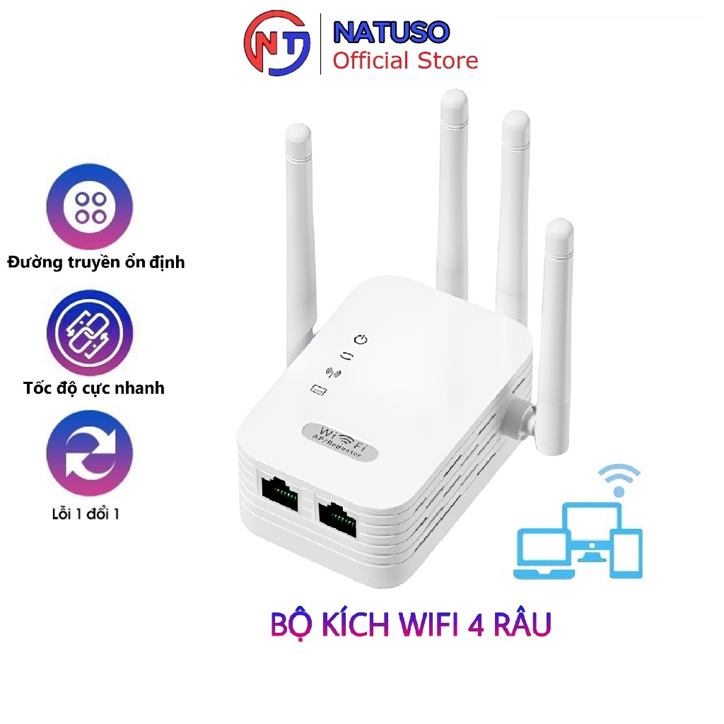 Bộ kích sóng wifi 4 râu tốc độ 300mbps 2 cổng LAN cục tăng sóng cho điện thoại laptop máy tính PC - Natuso KS2