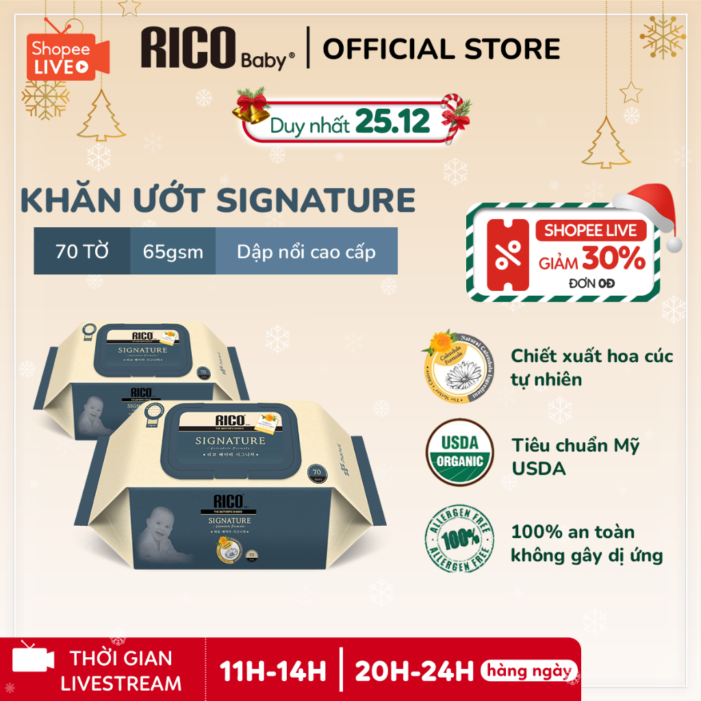 Khăn Ướt Rico Baby Signature Nội Địa Hàn Lành Tính, Sạch Khuẩn, An Toàn Cho Bé, Loại 70 Tờ