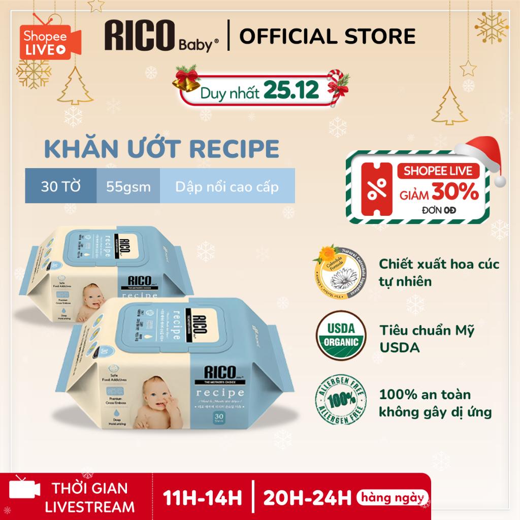 Khăn Ướt Rico Baby Recipe Nội Địa Hàn Lành Tính, Sạch Khuẩn, An Toàn Cho Bé, 1 Gói 30 Tờ