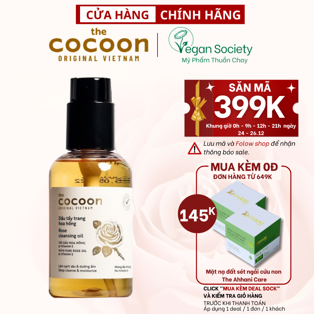 Dầu tẩy trang hoa hồng cocoon 140ml (rose cleansing oil) sạch da, mềm mịn - Vegan Society