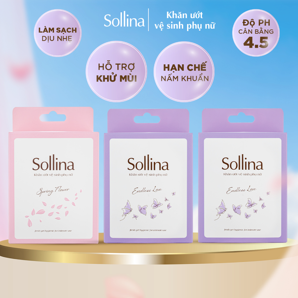 Combo 3 Khăn giấy ướt vệ sinh phụ nữ Sollina độ ẩm vừa phải giúp vùng kín khô thoáng dễ chịu- 20 gói/hộp