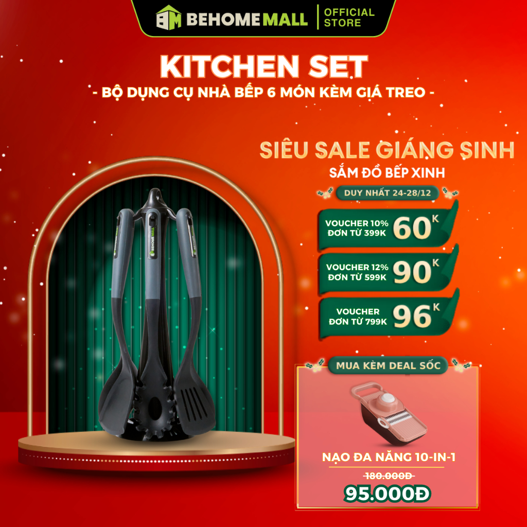 Bộ dụng cụ nhà bếp 6 món kèm giá treo cao cấp BEHOMEMALL bộ dụng cụ nấu ăn silicone PDMS cao cấp chịu nhiệt rất cao