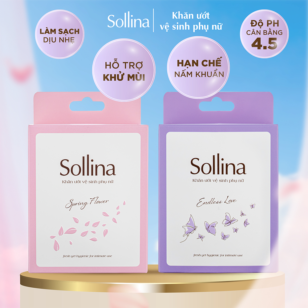 Combo 2 hộp khăn giấy ướt vệ sinh vùng kín phụ nữ Sollina - 20 gói/hộp