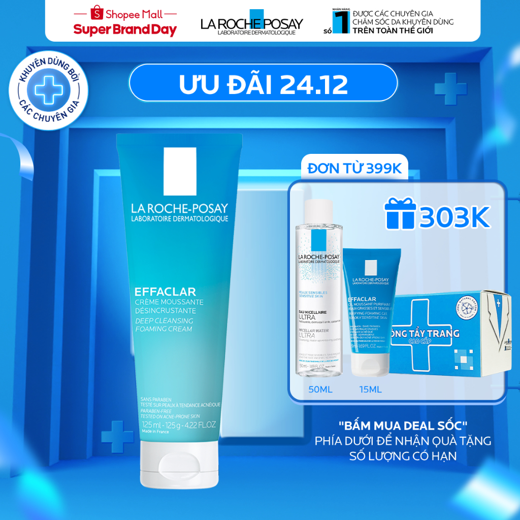 Sữa rửa mặt tạo bọt làm sạch giúp làm sạch sâu và se khít lỗ chân lông không gây khô da La Roche-Posay Effaclar 125ML