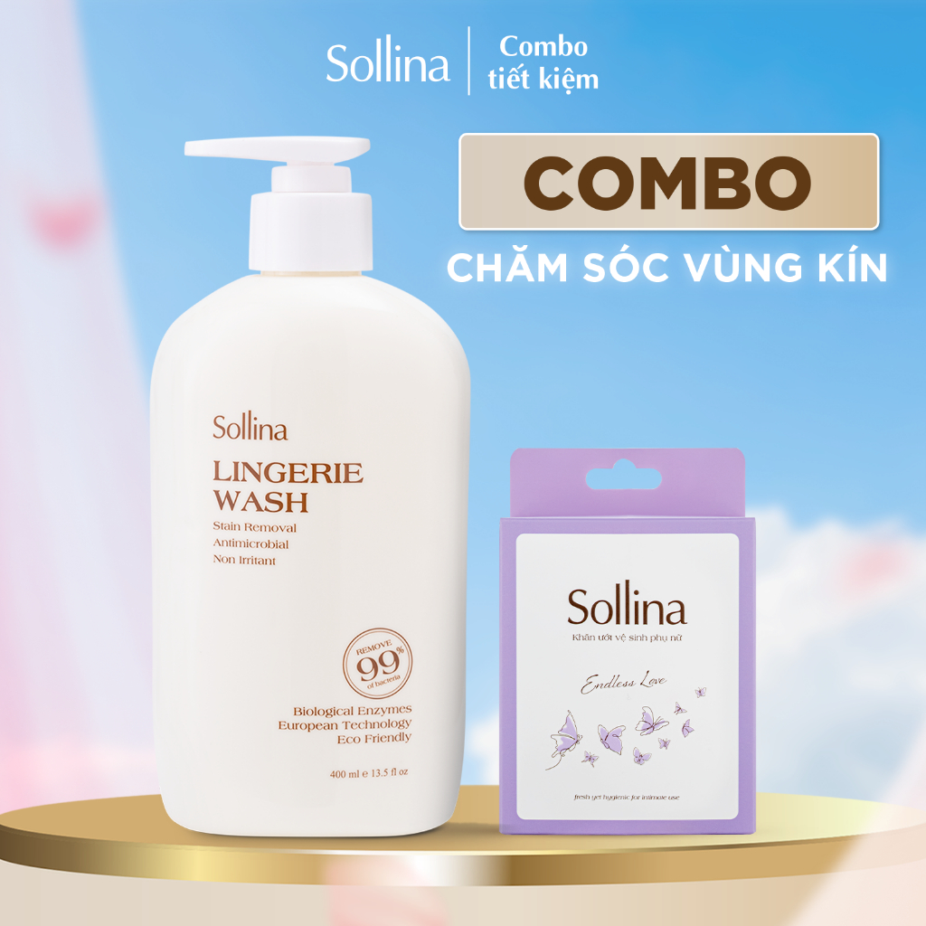Combo nước giặt đồ lót gốc thực vật Sollina và khăn ướt vệ sinh phụ nữ tím 20 gói/hộp