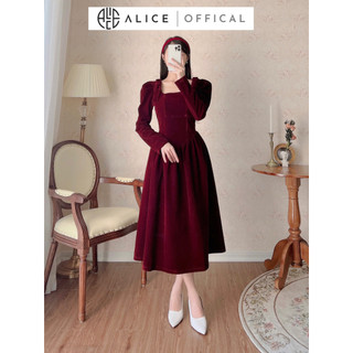 Váy Nhung Tiểu Thư ALICE Đầm Nhung Đỏ Chiết Eo Dáng Xòe Nơ Đính Vai Chất Vải Cao Cấp Thanh Lịch Sang Trọng V1060