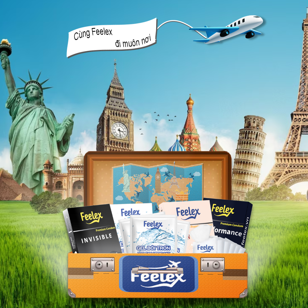Combo bao cao su, gel bôi trơn Feelex Travel Box,  đầy đủ và tiện dụng