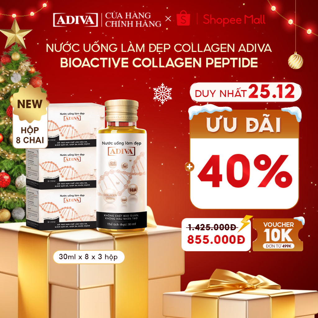 Combo 3 Hộp Nước Uống Làm Đẹp Collagen ADIVA (8 Chai/Hộp)- Giúp Làn Da Săn Chắc, Ảm Mịn Và Căng Bóng