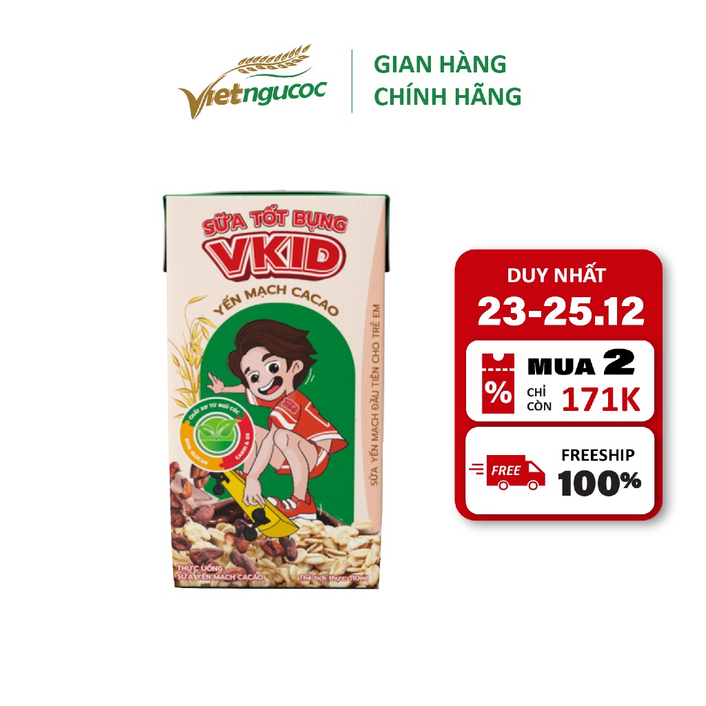 Combo 5 Lốc Sữa Yến Mạch Vkid VIỆT NGŨ CỐC Cho Bé Thơm Ngon Hương Vị Cacao 110ml/Hộp