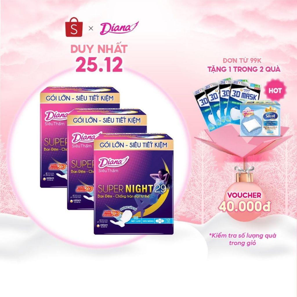 Bộ 3 gói băng vệ sinh Diana siêu thấm Supernight 29cm 12 miếng/gói