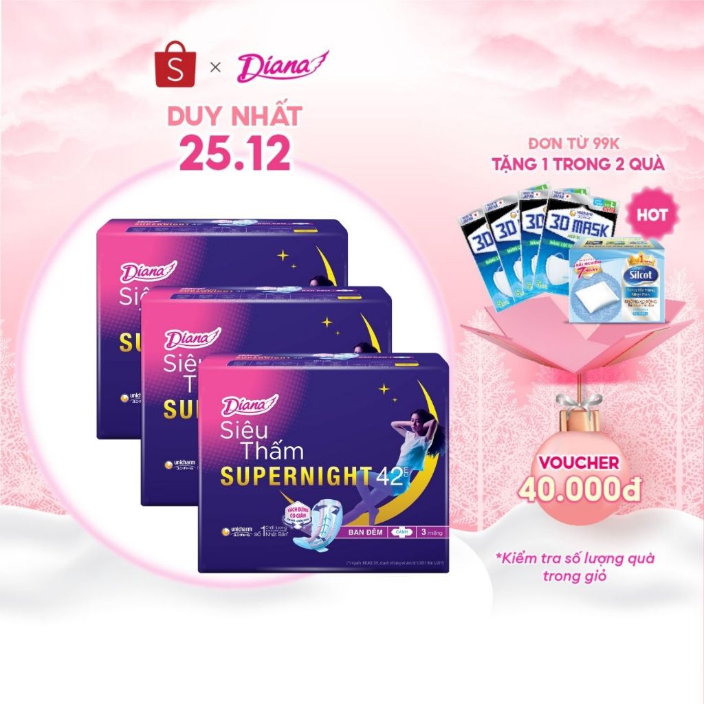 Bộ 3 gói băng vệ sinh Diana siêu thấm Supernight 42cm 3 miếng/gói