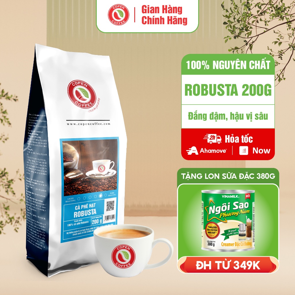 Cà phê hạt Robusta rang mộc nguyên chất - Copen Coffee 200G/GÓI - Gu truyền thống pha phin đắng đậm, thơm nồng