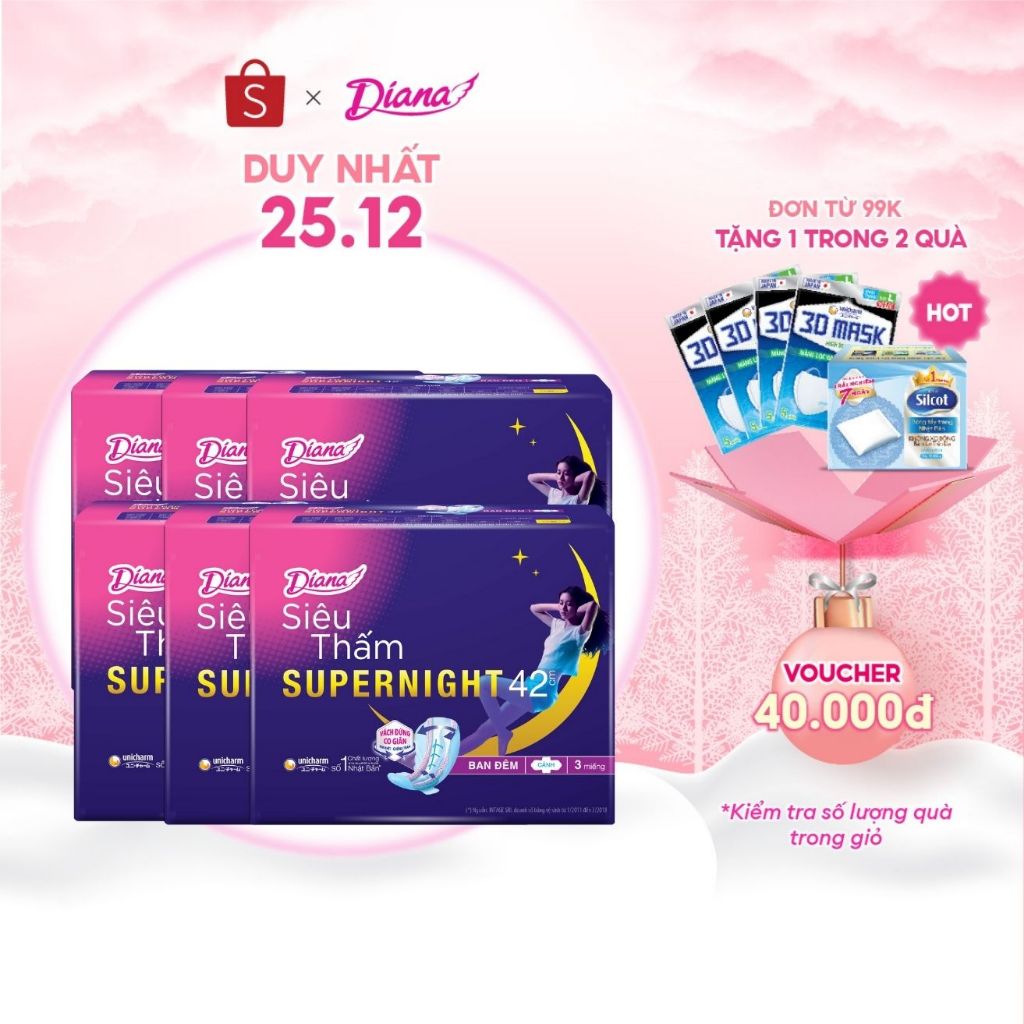 Bộ 6 gói băng vệ sinh Diana siêu thấm Supernight 42cm 3 miếng/gói