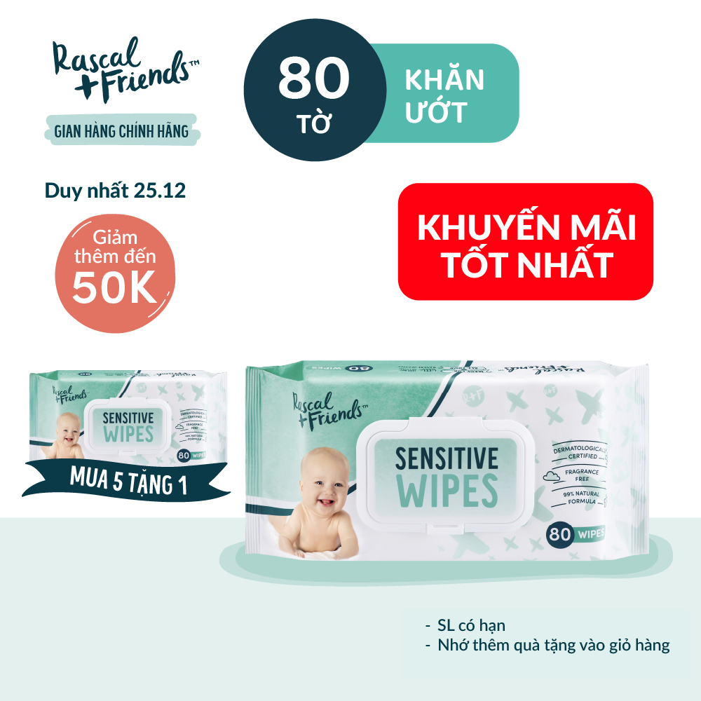 Khăn ướt dịu nhẹ Rascal + Friends 80 miếng chiết xuất tự nhiên từ lô hội, hoa cúc và quả lựu an toàn cho bé