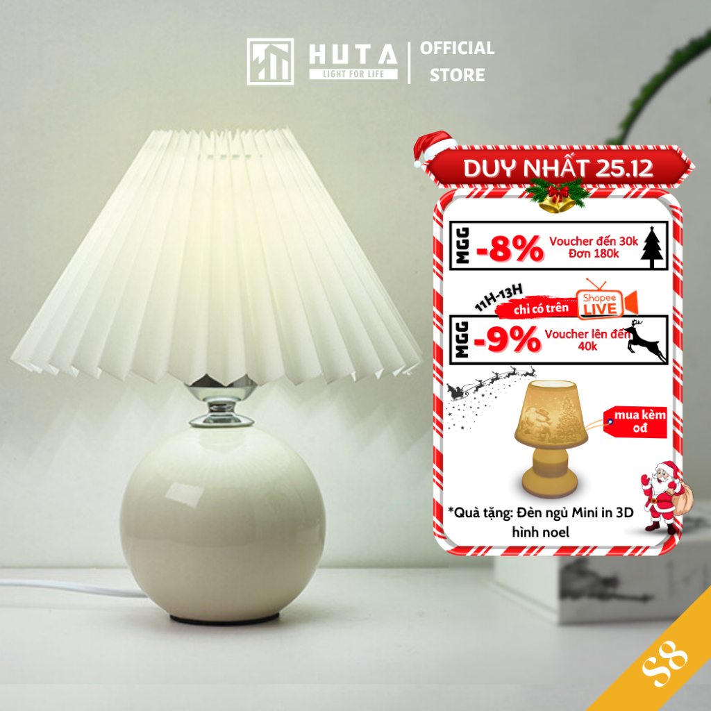 Đèn Ngủ Để Bàn Gốm Sứ HUTA Light For Life S8 Điều Chỉnh Độ Sáng, Ánh Sáng Vàng, Thân Gốm Đất Nung Mịn Chắc