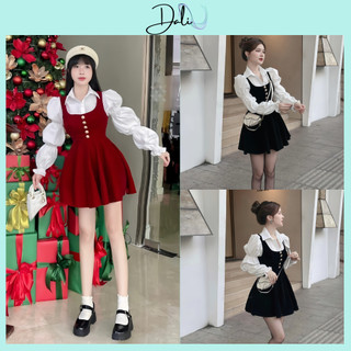 Set Váy Yếm Nhung Cúc Ngọc Dáng Xoè Phối Áo Sơ Mi Tay Bồng, Đầm Tiểu Thư Sang Chảnh Phong Cách Hàn Quốc