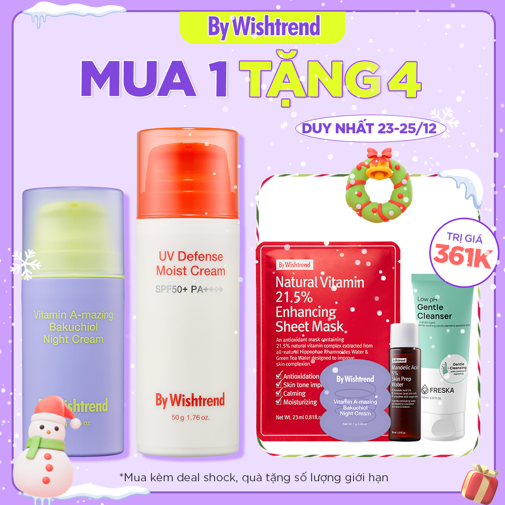 By Wishtrend Kem chống nắng UV Defense Moist Cream SPF50+PA++++ 50g + Kem ban đêm Vitamin A-mazing Bakuchiol Night Cream