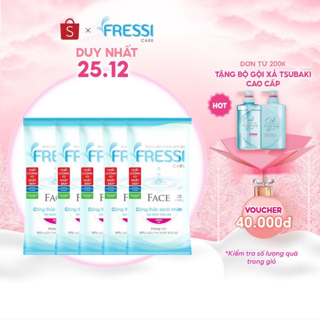 Combo 5 gói khăn ướt chăm sóc da Fressi Care Face 20 miếng/gói