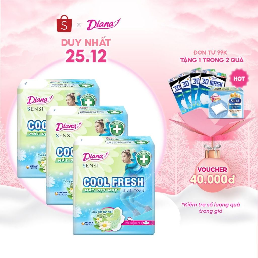 Bộ 3 gói băng Vệ Sinh Diana Sensi Cool Fresh Mát Dịu Siêu Mỏng Cánh 8 miếng