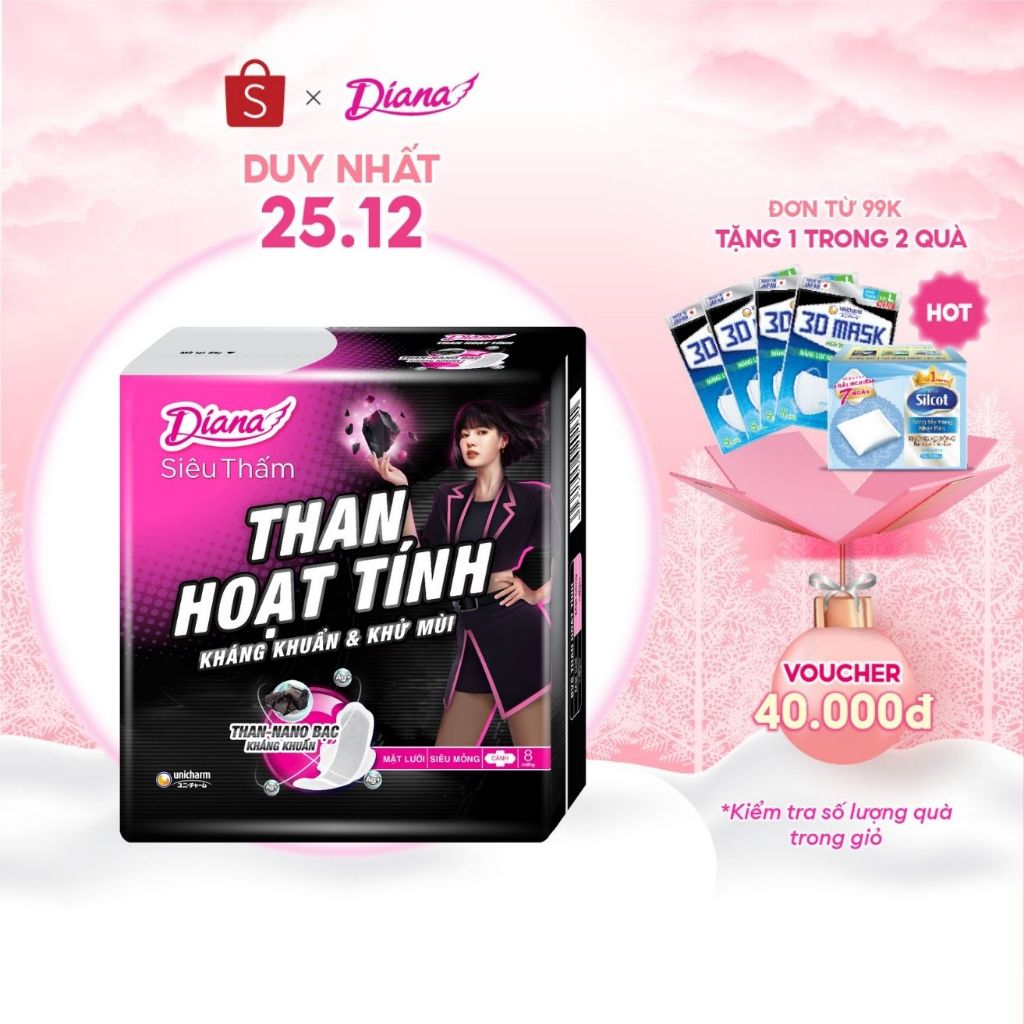 Băng vệ sinh Diana Siêu Thấm Than Hoạt Tính Siêu mỏng cánh 8 miếng