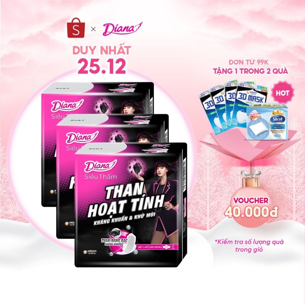 Bộ 3 gói băng vệ sinh Diana Siêu Thấm Than Hoạt Tính Siêu mỏng cánh 8 miếng/gói