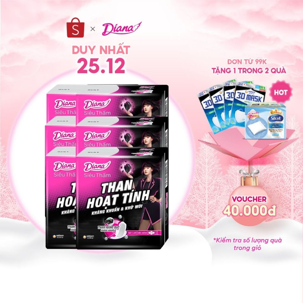 Bộ 6 gói băng vệ sinh Diana Siêu Thấm Than Hoạt Tính Siêu mỏng cánh 8 miếng/gói