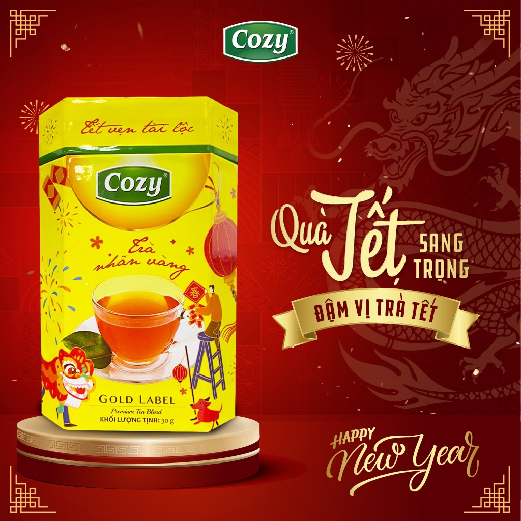Trà Đen Nhãn Vàng Hộp Tết COZY Trà Túi Lọc Hương Vị Quà Tết Sang Trọng, Đậm Vị Trà Tết 30g