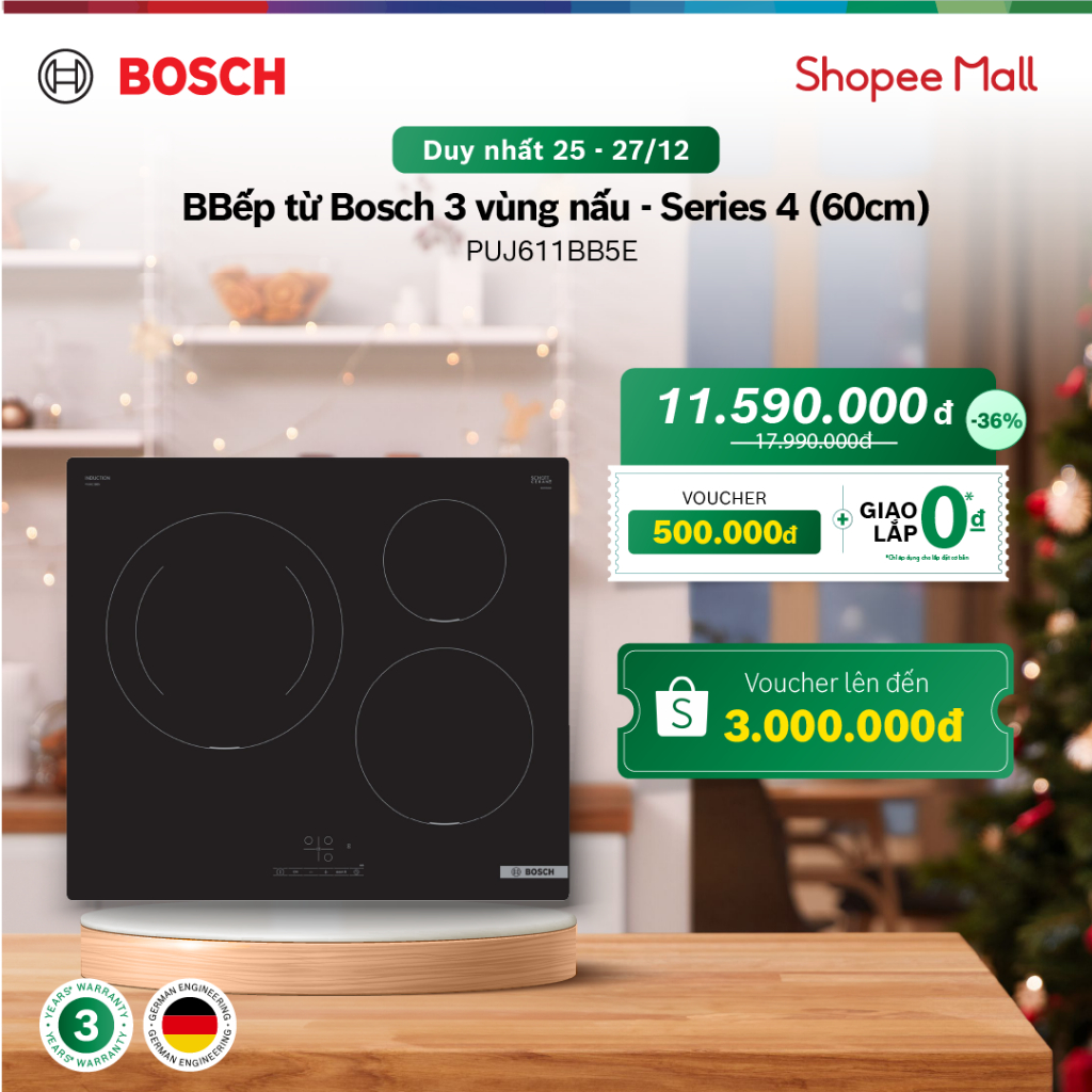 Bếp từ Bosch 3 vùng nấu PUJ611BB5E -Series 4 (60cm) - Hàng chính hãng