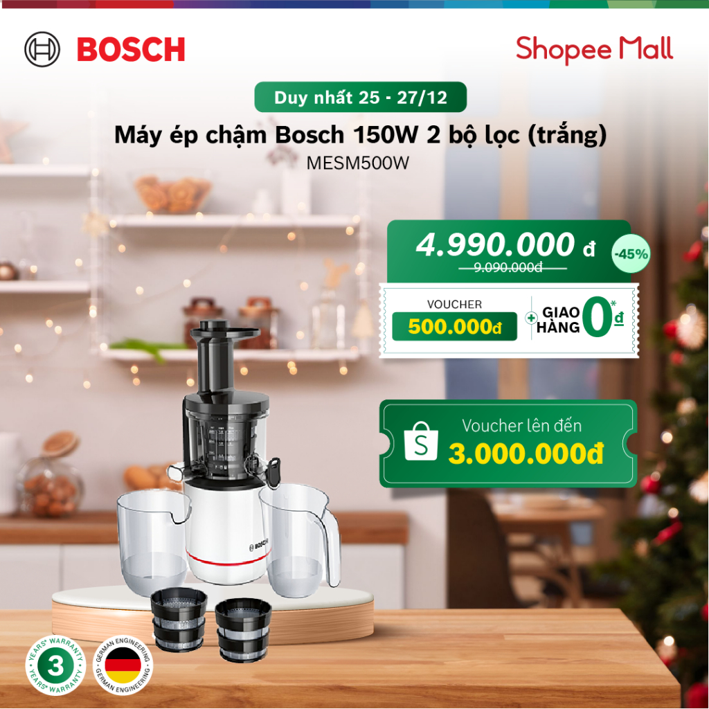 Máy ép chậm Bosch MESM500W 150W 2 bộ lọc (trắng) - Hàng chính hãng