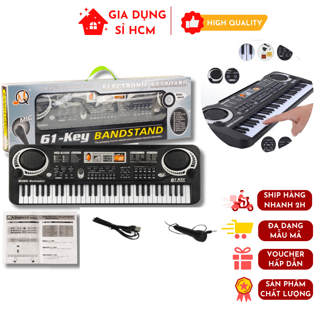 Đàn Piano Điện Tử 61 Phím Cho Bé Chơi Đàn Phát Triển Năng Khiếu Tặng Kèm Mic Và Cáp Sạc USB Bảo Hành 7 Ngày