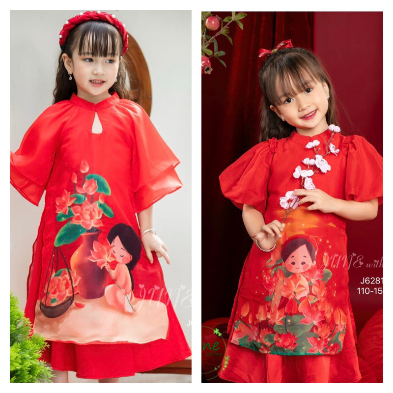 Đầm váy, áo dài Tết cho bé gái❤️Áo dài Em bé bên hoa là hoạ tiết in độc quyền của June with love❤️Size 1-10Y(8-35 ký)