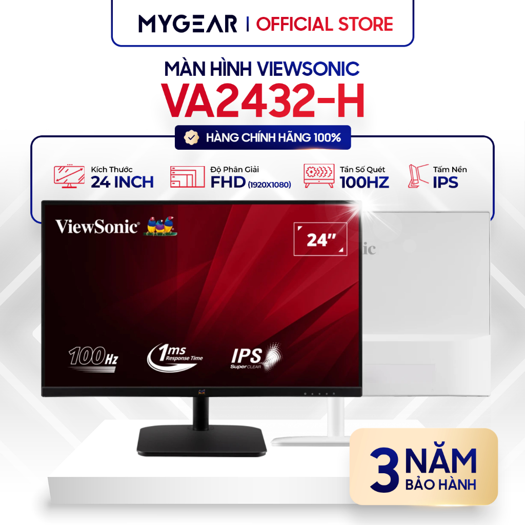Màn hình máy tính ViewSonic VA2432-H Trắng/Đen 24" FHD IPS 100Hz 1ms 104% sRGB (HDMI, VGA)