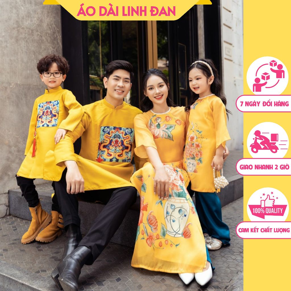 Áo dài cách tân gia đình màu vàng nổi bật - Áo dài thiết kế Linh Đan