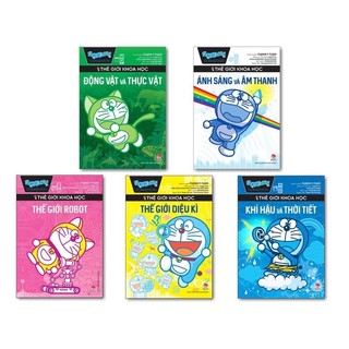 Sách – doraemon thế giới khoa học– combo 5 cuốn động thực vật- thế giới diệu kỳ- thế giới robot- khí hậu thời tiết- ánh