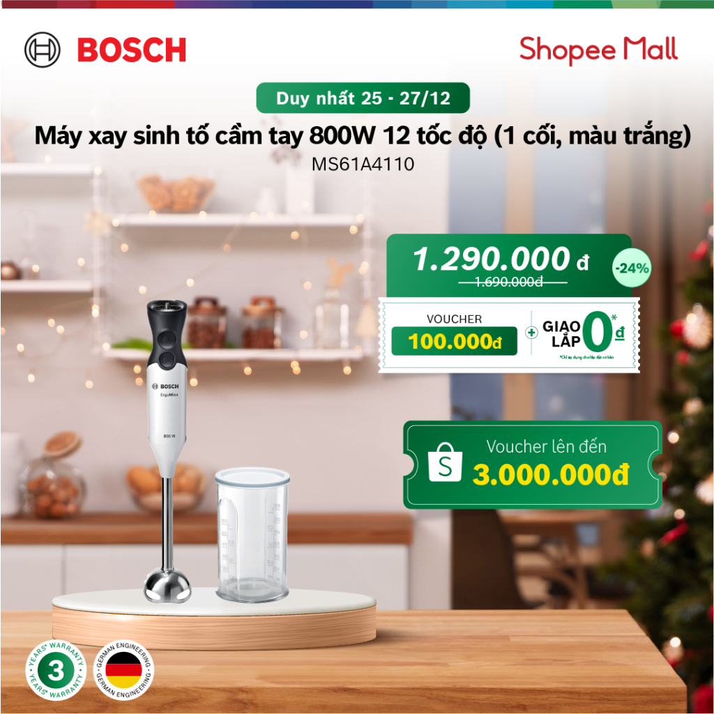 Máy xay sinh tố cầm tay MS61A4110 800W 12 tốc độ (1 cối, màu trắng) - Hàng chính hãng