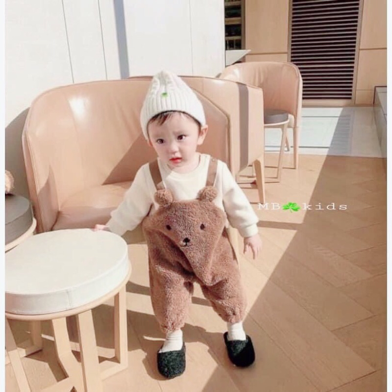 Set body yếm lông gấu liền áo tay dài kèm mũ lông cho bé trai và gái - yếm thu đông ấm áo quần trẻ em diện tết sinh bông