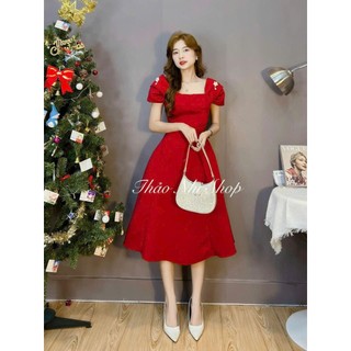 Đầm Nữ Dạ Hội Phong Cách Tiểu Thư Đính Phụ Kiện Cổ Vuông Tay Phồng Thời Trang Nữ Hot